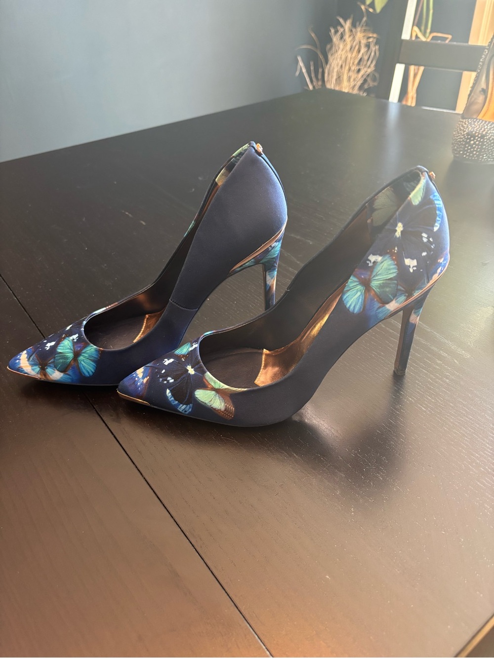 Ted Baker Navy Blue Butterfly Print Pointed-Toe Stiletto Pumps